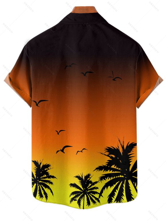 Vacation Couple Outfit Ombre Coconut Tree Seagulls Pattern Spaghetti Strap A Line Tank Dress and Roll Up Sleeve Shirt Drawstrings Shorts Beach Matching Outfit - Orange S | US 4