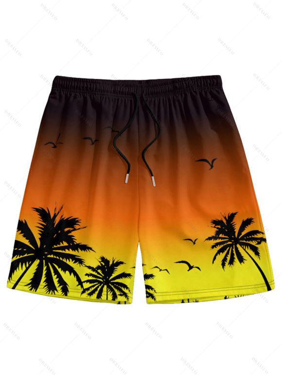Vacation Couple Outfit Ombre Coconut Tree Seagulls Pattern Spaghetti Strap A Line Tank Dress and Roll Up Sleeve Shirt Drawstrings Shorts Beach Matching Outfit - Orange S | US 4