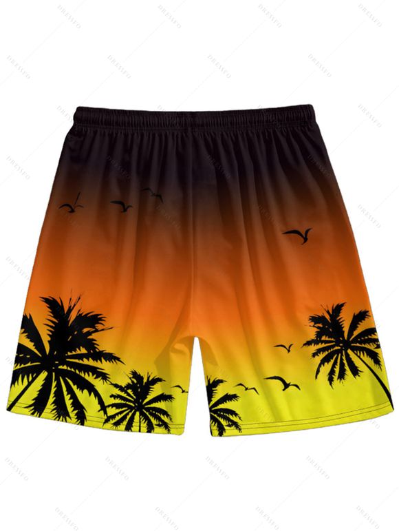 Vacation Couple Outfit Ombre Coconut Tree Seagulls Pattern Spaghetti Strap A Line Tank Dress and Roll Up Sleeve Shirt Drawstrings Shorts Beach Matching Outfit - Orange S | US 4
