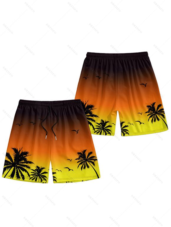 Vacation Couple Outfit Ombre Coconut Tree Seagulls Pattern Spaghetti Strap A Line Tank Dress and Roll Up Sleeve Shirt Drawstrings Shorts Beach Matching Outfit - Orange S | US 4