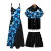Vacation Couple Outfit Dots Floral Pattern Pocket Spaghetti Strap A Line Tank Dress and Roll Up Sleeve Button Up Shirt Drawstring Shorts Beach Matching Outfit