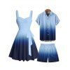 Vacation Couple Outfit Ombre Ruched Bust Belt Sweetheart Neck Empire Waist A Line Mini Dress and Roll Up Sleeve Shirt Drawstring Shorts Beach Matching Outfit - BLUE S | US 4