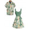 Vacation Couple Outfit Allover Tropical Floral Leaf Print Ruched Bust Belt A Line Mini Dress and Roll Up Sleeve Shirt Beach Two Piece Set - Vert S | US 4