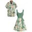 Vacation Couple Outfit Allover Tropical Floral Leaf Print Ruched Bust Belt A Line Mini Dress and Roll Up Sleeve Shirt Beach Two Piece Set - Rouge foncé S | US 4