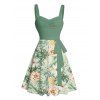 Vacation Couple Outfit Allover Tropical Floral Leaf Print Ruched Bust Belt A Line Mini Dress and Roll Up Sleeve Shirt Beach Two Piece Set - Vert S | US 4