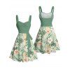 Vacation Couple Outfit Allover Tropical Floral Leaf Print Ruched Bust Belt A Line Mini Dress and Roll Up Sleeve Shirt Beach Two Piece Set - Vert S | US 4