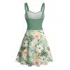 Vacation Couple Outfit Allover Tropical Floral Leaf Print Ruched Bust Belt A Line Mini Dress and Roll Up Sleeve Shirt Beach Two Piece Set - Vert S | US 4