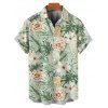 Vacation Couple Outfit Allover Tropical Floral Leaf Print Ruched Bust Belt A Line Mini Dress and Roll Up Sleeve Shirt Beach Two Piece Set - Vert S | US 4