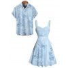 Vacation Couple Outfit Allover Tropical Plant Leaf Pattern Ruched Bust Belt Sweetheart Neck A Line Mini Dress and Roll Up Sleeve Shirt Casual Matching Outfit - Bleu S | US 4