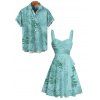 Vacation Couple Outfit Allover Tropical Plant Leaf Pattern Ruched Bust Belt Sweetheart Neck A Line Mini Dress and Roll Up Sleeve Shirt Casual Matching Outfit - Vert clair S | US 4