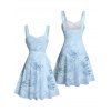 Vacation Couple Outfit Allover Tropical Plant Leaf Pattern Ruched Bust Belt Sweetheart Neck A Line Mini Dress and Roll Up Sleeve Shirt Casual Matching Outfit - Bleu S | US 4