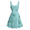 Vacation Couple Outfit Allover Tropical Plant Leaf Pattern Ruched Bust Belt Sweetheart Neck A Line Mini Dress and Roll Up Sleeve Shirt Casual Matching Outfit - Vert clair S | US 4
