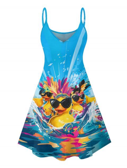 Duck with Sunglasses Wave Pattern Hawaii Dress Spaghetti Strap A Line Mini Vacation Dress