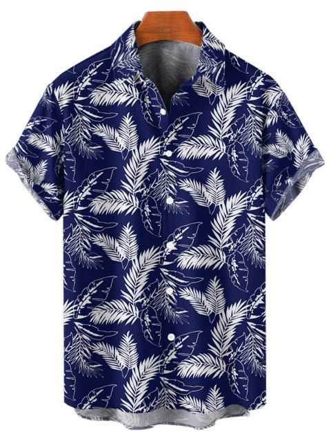 Chemise de Vacances Hawaiien Boutonnée Motif de Feuille Tropicale à Manches Roulées pour Homme