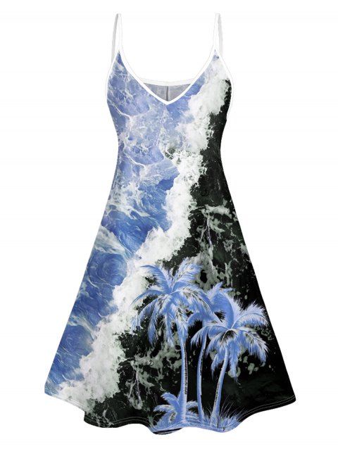 Contrast Color Printed Coconut Tree Pattern Hawaii Dress Spaghetti Strap A Line Mini Vacation Dress