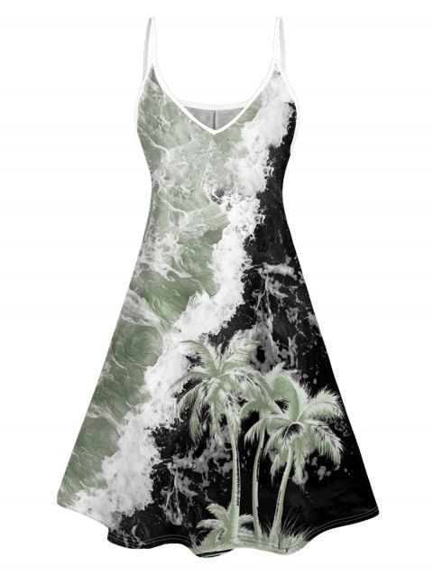 Mini Robe de Vacances Ligne A Motif D'Arbre Noix de Coco Fleurie à Bretelle Fine