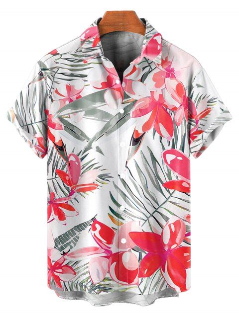 Chemise de Plage de Vacances Fleur Tropicale Imprimée Boutonnée à Manches Roulées pour Homme