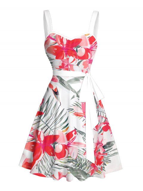 Robe de Plage Ligne A Fleurie Feuille Tropicale Imprimée Ceinturée Au Poitrine
