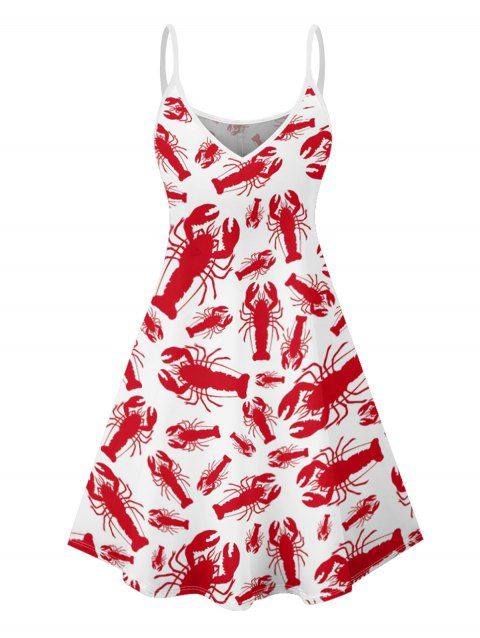 Mini Robe de Plage Ligne A à Bretelle Fine Motif de Homard à Col V