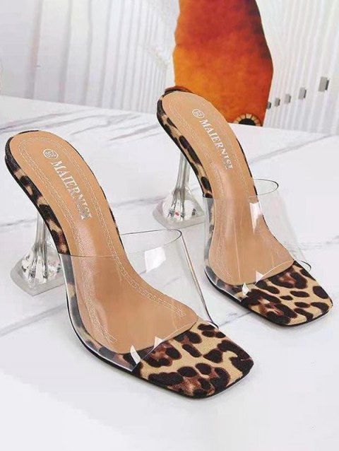 Leopard Print Square Open Toe Transparent Slip On High Heels Trendy Sandals