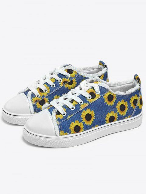 Sunflower Pattern Flat Platform Lace Up Frayed Hem Casual Canvas Shoes