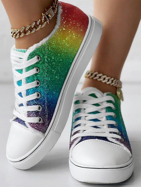 Ombre Colored Sequined Lace Up Frayed Hem Flat Platform Casual Canvas Shoes