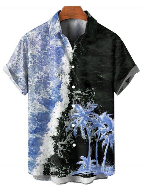 Chemise de Vacances en Couleur Contrastée Arbre Noix de Coco Imprimé Boutonnée à Manches Roulées pour Homme