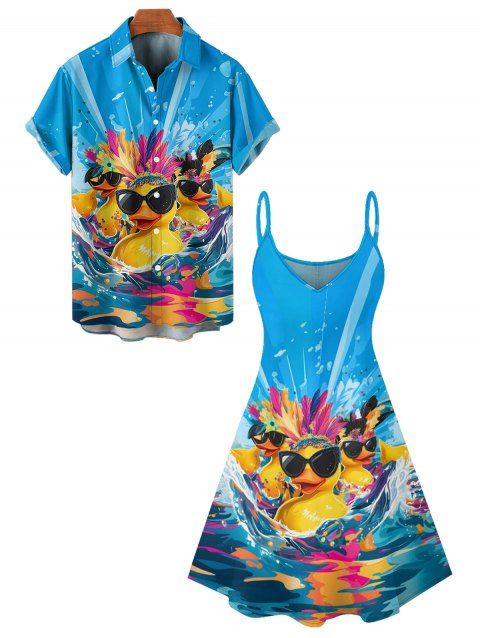 Hawaii Couple Outfit Duck with Sunglasses Wave Pattern Spaghetti Strap A Line Mini Dress and Roll Up Sleeve Shirt Vacation Matching Outfit