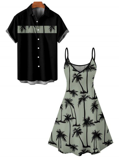 Hawaii Palm Tree Print Vacation Spaghetti Strap V Neck A Mini Dress And Short Sleeve Shirt Matching Outfit