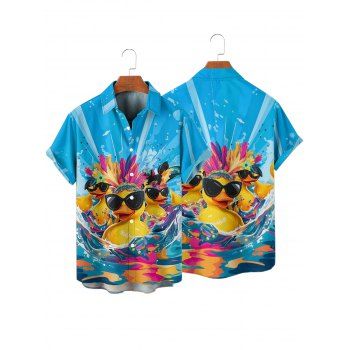Men's Duck with Sunglasses Wave Printed Hawaii Shirt Button Up Roll Up Sleeve Vacation Shirt