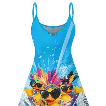 Duck with Sunglasses Wave Pattern Hawaii Dress Spaghetti Strap A Line Mini Vacation Dress