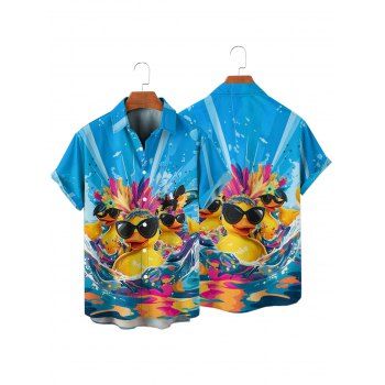 Hawaii Couple Outfit Duck with Sunglasses Wave Pattern Spaghetti Strap A Line Mini Dress and Roll Up Sleeve Shirt Vacation Matching Outfit