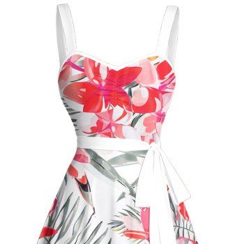 Tropical Leaf Floral Print Ruched Bust Vacation Dress A Line Sweetheart Neck Belt Beach Dress