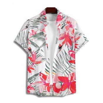 Vacation Couple Outfit Tropical Leaf Floral Print Ruched Bust Belt A Line Dress and Roll Up Sleeve Button Up Shirt Matching Outfit
