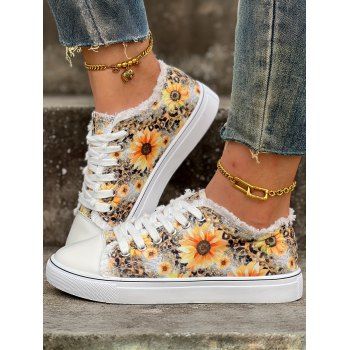 Sunflower Leopard Print Lace Up Frayed Hem Plat Platform Casual Canvas Shoes