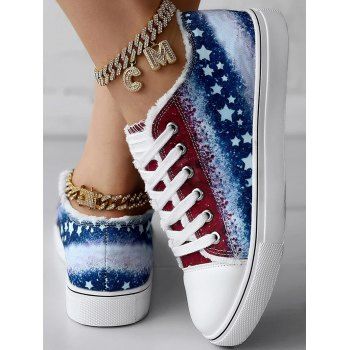 American Flag Element Pattern Star Lace Up Flat Platform Frayed Hem Independence Day Canvas Shoes