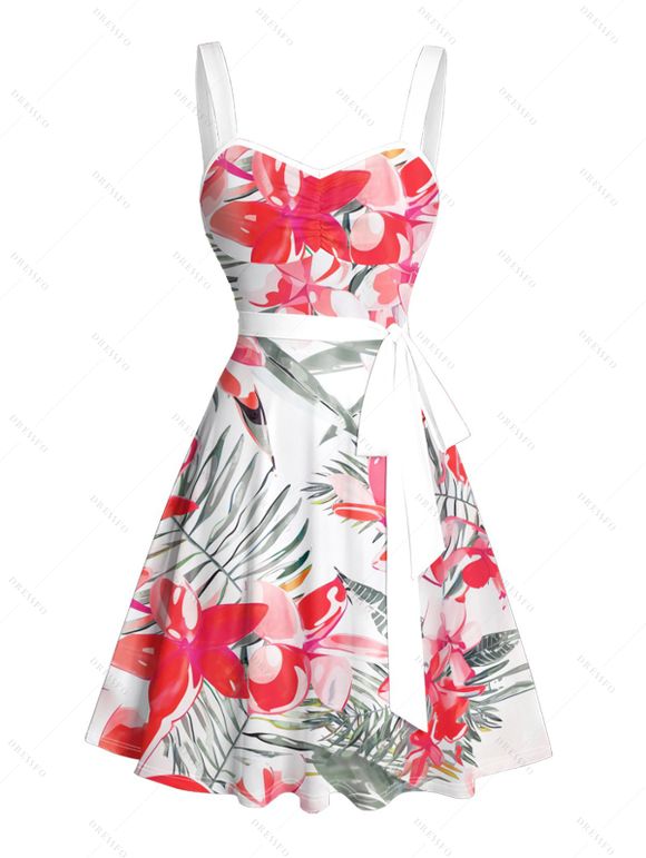 Vacation Couple Outfit Tropical Leaf Floral Print Ruched Bust A Line Sweetheart Neck Belt Dress Roll Up Sleeve Shirt Drawstring Shorts Beach Matching Outfit - Rose clair S | US 4