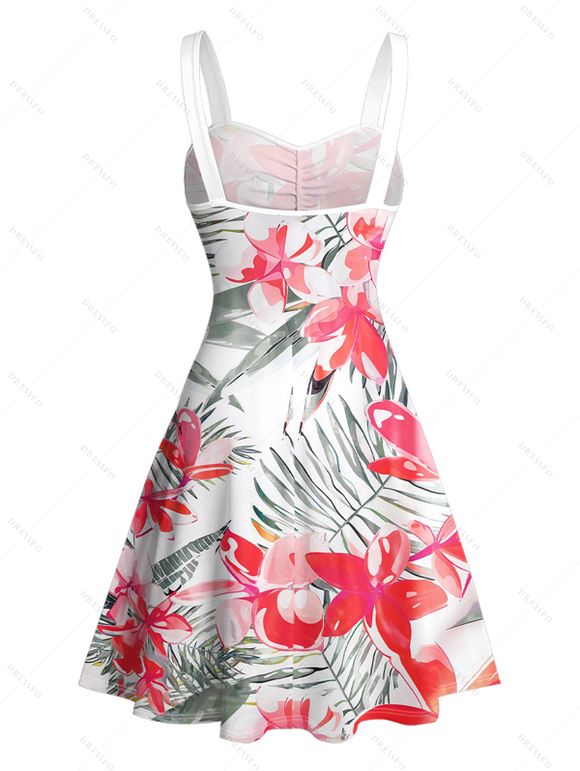 Vacation Couple Outfit Tropical Leaf Floral Print Ruched Bust A Line Sweetheart Neck Belt Dress Roll Up Sleeve Shirt Drawstring Shorts Beach Matching Outfit - Rose clair S | US 4