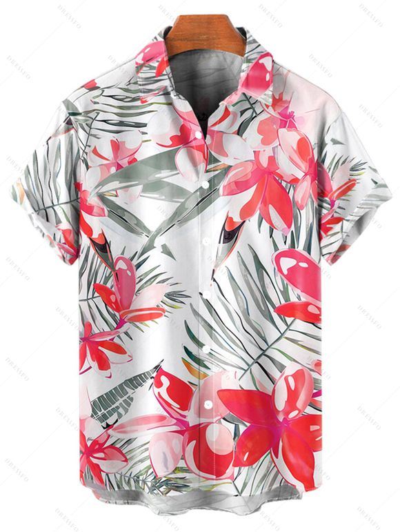 Vacation Couple Outfit Tropical Leaf Floral Print Ruched Bust A Line Sweetheart Neck Belt Dress Roll Up Sleeve Shirt Drawstring Shorts Beach Matching Outfit - Rose clair S | US 4