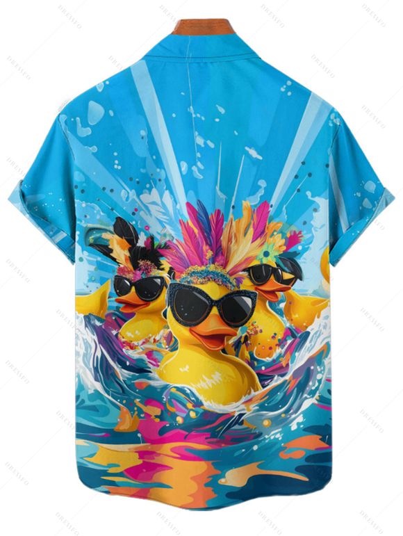 Chemise Boutonnée Canard avec Lunettes de Soleil Imprimé à Manches Roulées pour Homme - Bleu L