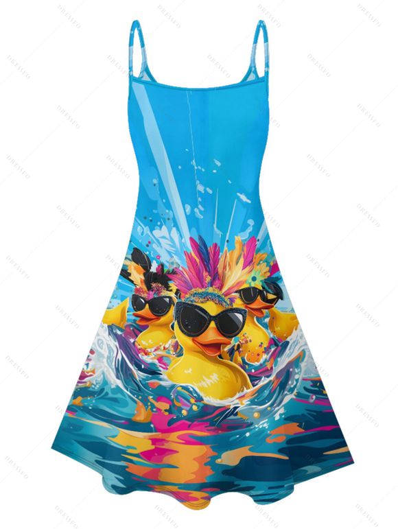Robe de Vacance Motif de Canard Ligne A à Bretelle Fine - Bleu L | US 8-10