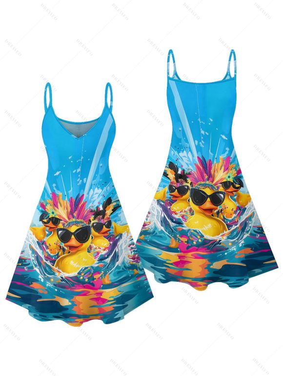 Robe de Vacance Motif de Canard Ligne A à Bretelle Fine - Bleu L | US 8-10