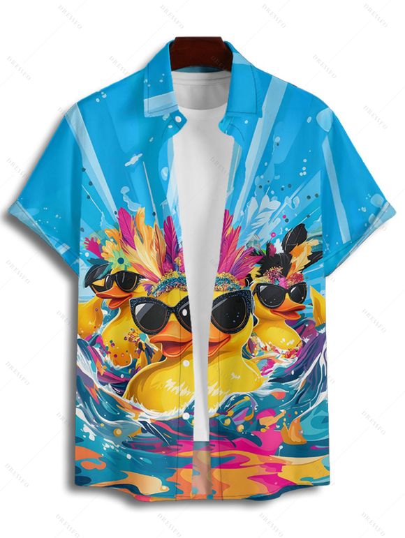 Chemise Boutonnée Canard avec Lunettes de Soleil Imprimé à Manches Roulées pour Homme - Bleu L