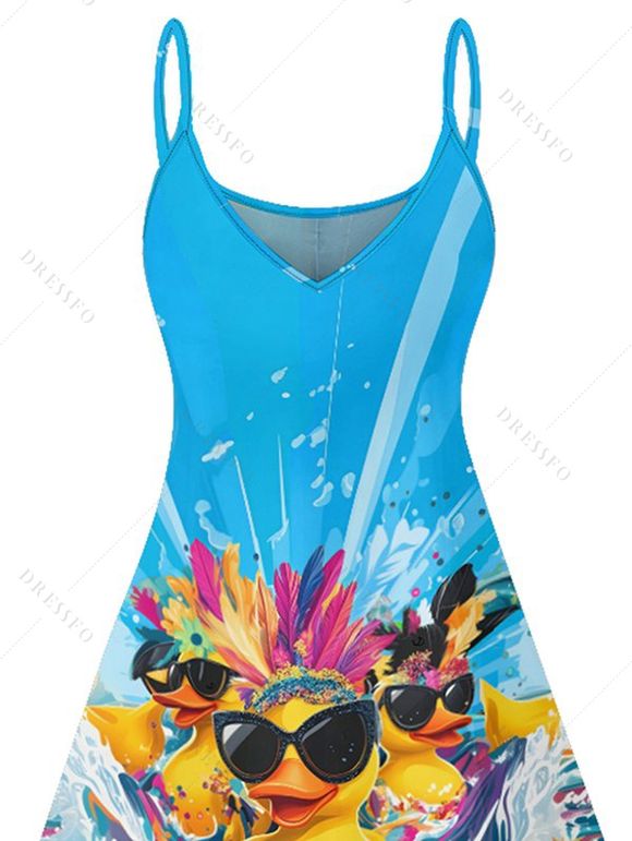 Robe de Vacance Motif de Canard Ligne A à Bretelle Fine - Bleu L | US 8-10