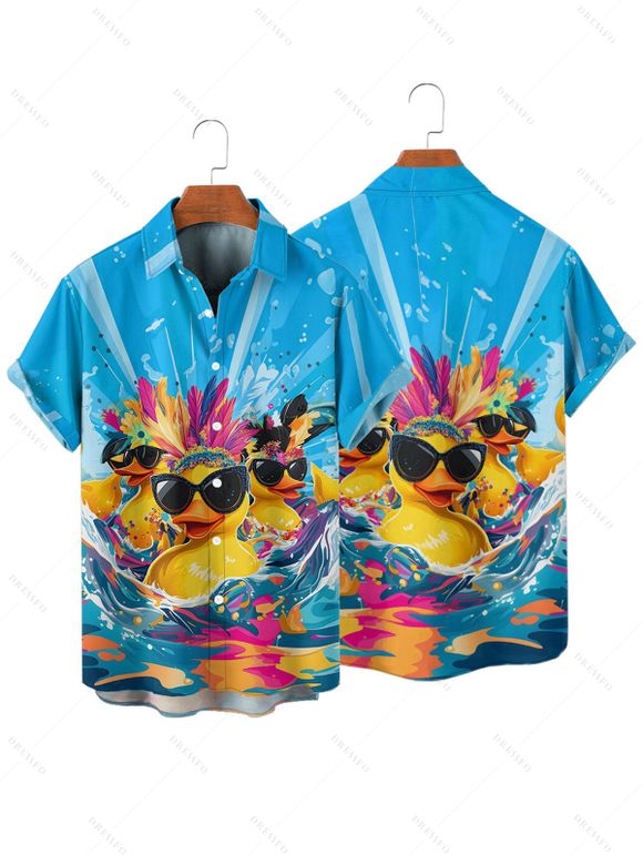 Chemise Boutonnée Canard avec Lunettes de Soleil Imprimé à Manches Roulées pour Homme - Bleu L