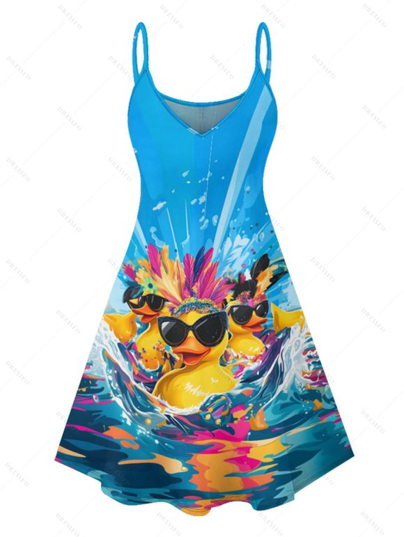 Hawaii Couple Outfit Duck with Sunglasses Wave Pattern Spaghetti Strap A Line Mini Dress and Roll Up Sleeve Shirt Vacation Matching Outfit - Bleu S | US 4