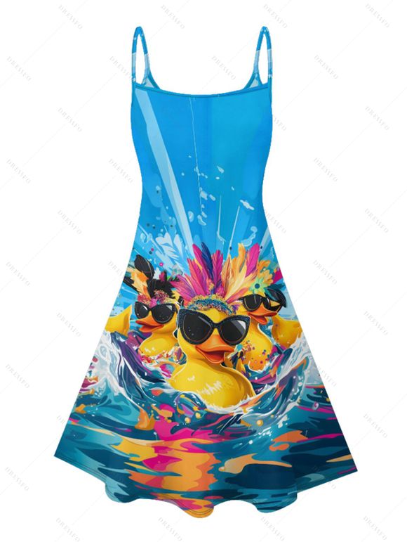 Hawaii Couple Outfit Duck with Sunglasses Wave Pattern Spaghetti Strap A Line Mini Dress and Roll Up Sleeve Shirt Vacation Matching Outfit - Bleu S | US 4