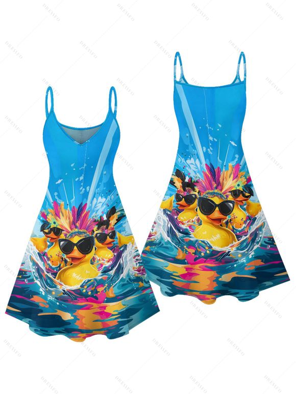 Hawaii Couple Outfit Duck with Sunglasses Wave Pattern Spaghetti Strap A Line Mini Dress and Roll Up Sleeve Shirt Vacation Matching Outfit - Bleu S | US 4