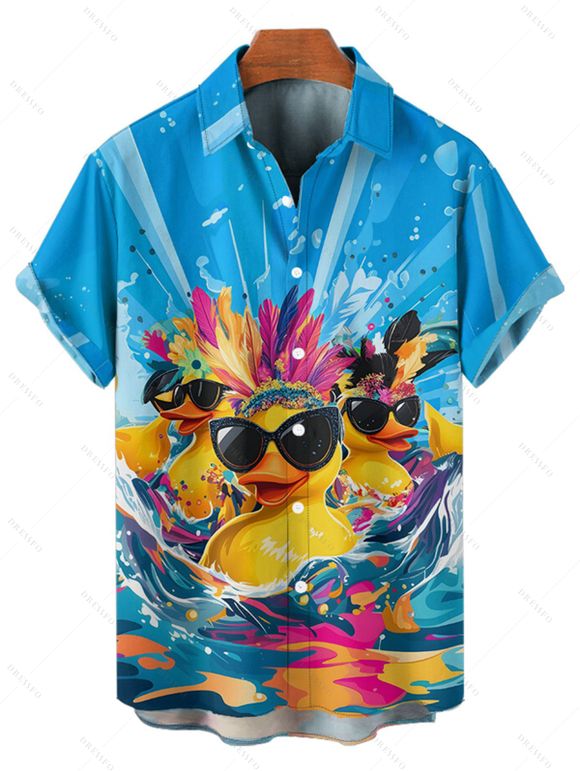 Hawaii Couple Outfit Duck with Sunglasses Wave Pattern Spaghetti Strap A Line Mini Dress and Roll Up Sleeve Shirt Vacation Matching Outfit - Bleu S | US 4