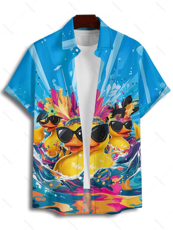 Hawaii Couple Outfit Duck with Sunglasses Wave Pattern Spaghetti Strap A Line Mini Dress and Roll Up Sleeve Shirt Vacation Matching Outfit - Bleu S | US 4